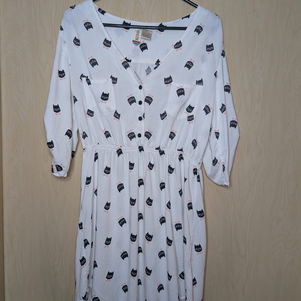 Pop Punk Eclectic White Dress with Black Cat Print